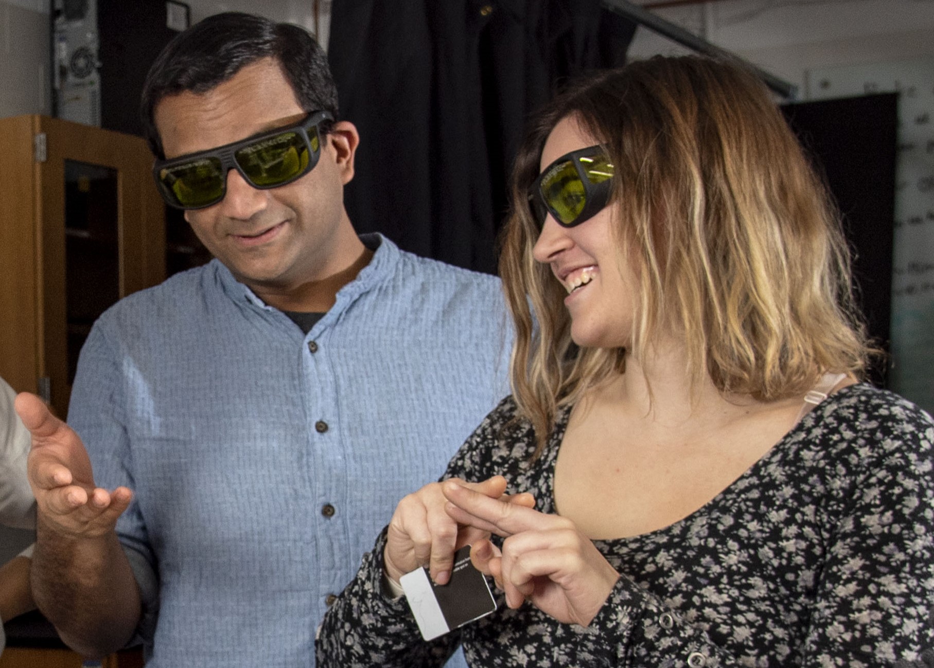 Illinois Physics Professor Fahad Mahmood (left) and Illinois Physics graduate student Nina Bielinski collaborate in the Mahmood lab in the Materials Research Laboratory in Urbana.