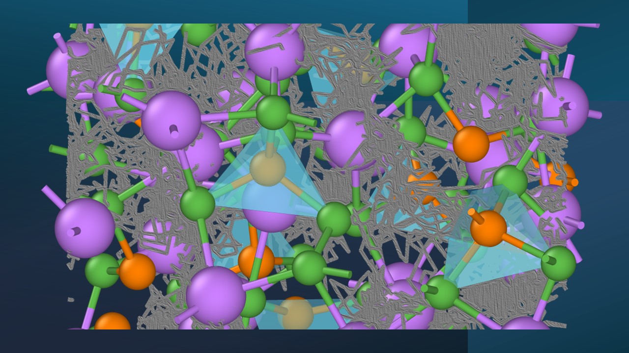 <i>Rendering of the paths ions could move along (the gray squiggles) among the otherwise stationary atoms (the spheres) of a battery material. The project will determine the trajectory of the atoms by using insights from quantum mechanics.</i>