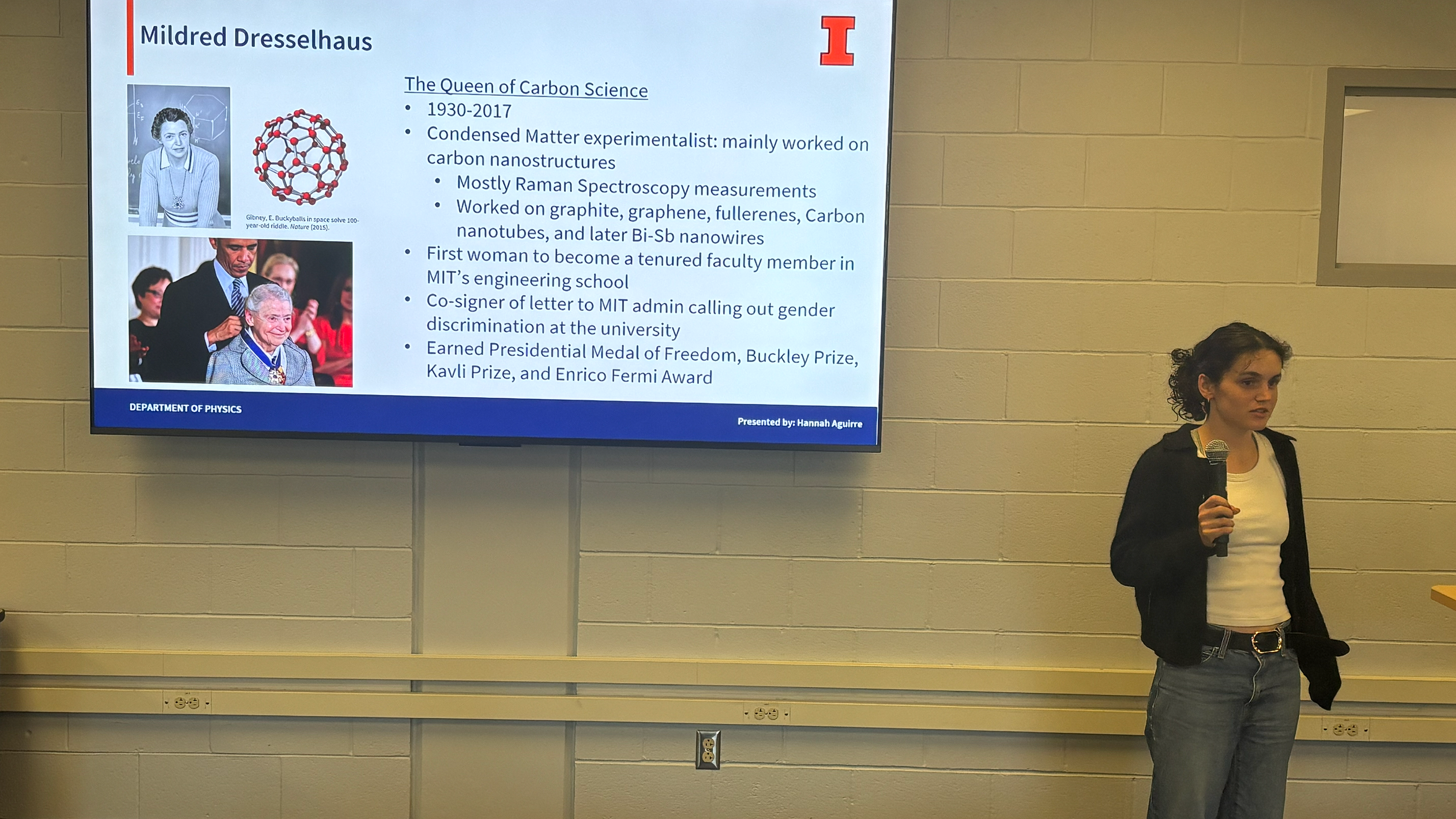 Hannah Aguirre presenting Mildred Dresselhaus