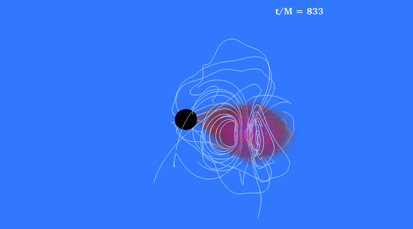 Click to play video: Shapiro group: Numerical simulation (2015) of jet formation following the merger of a black hole with a magnetized neutron star