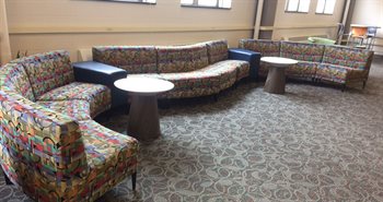 This colorful couch provides relaxed seating in Loomis 204, the Physics Interaction Room