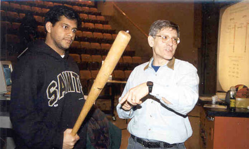 A glance back: Professor Nathan after his lecture about using physics to debunk some myths of baseball