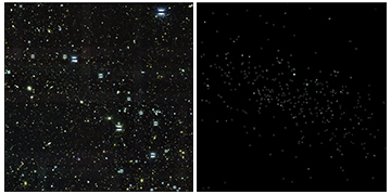 These two images allow you to see how difficult it is to spot these dwarf galaxy candidates in the Dark Energy Camera's images. The first image is a snapshot of DES J0335.6-5403, a celestial object found with the Dark Energy Camera. It is the most likely of the newly discovered candidates to be a galaxy, according to DES scientists. This object sits roughly 100,000 light-years from Earth, and contains very few stars â€“ only about 300 could be detected with DES data. The second image shows the detectable stars that likely belong to this object, with all other visible matter blacked out. Dwarf satellite galaxies are so faint that it takes an extremely sensitive instrument like the Dark Energy Camera to find them. More analysis is required to confirm if any of the newly discovered objects are in fact galaxies. Image: Fermilab/Dark Energy Survey