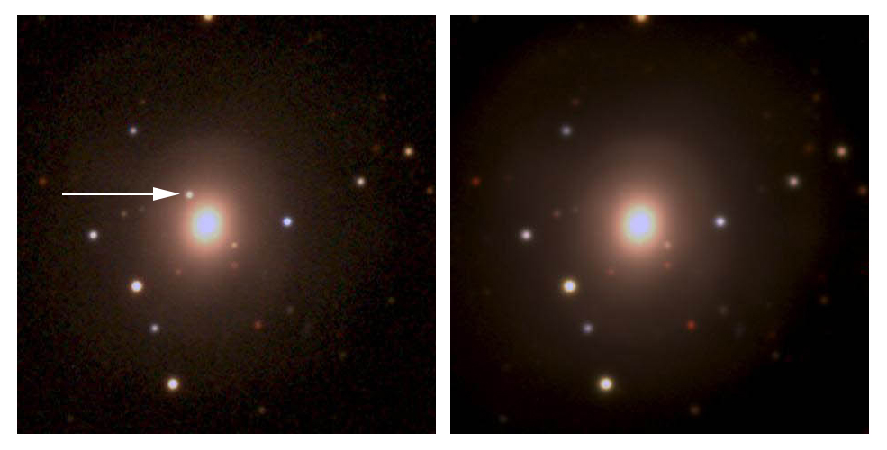 The image on the left shows the kilonova (just above and to the left of the brightest galaxy) recorded by the Dark Energy Camera. The image on the right was taken several days later and shows that the kilonova has faded. Image: Dark Energy Survey