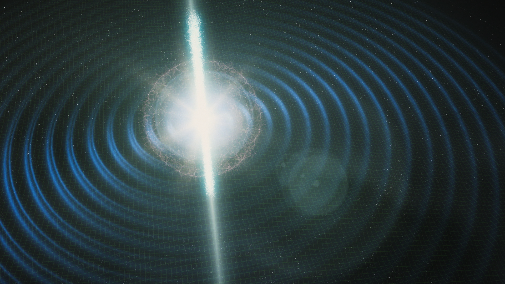 Artist's rendition of colliding neutron stars creating gravitational waves and a kilonova. Image: Fermilab.