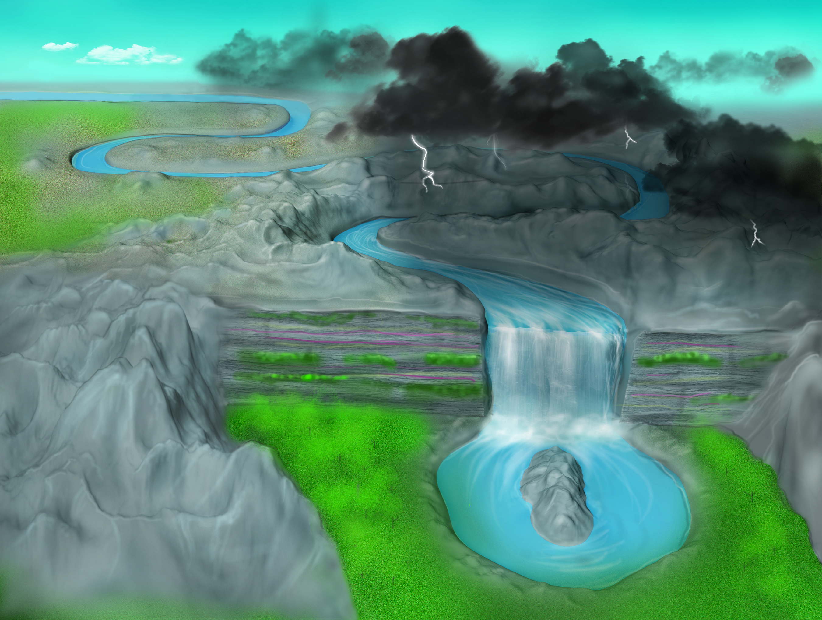 Artist's depiction of a disorder-induced transition to the topological Anderson insulator phase. A river flowing along a straight path is altered by disorder in the underlying landscape. After going through a transition (waterfall), the river forms a closed loop&emdash;a shape having a different topology from that of the initially straight path. In the topological Anderson insulator phase, the trivial band structure of a normal material is transformed into a topologically nontrivial band structure from disorder and disruptions in the tunnel couplings between lattice sites. The winding number in the topological Anderson insulator phase is distinct from that of the normal case without disorder. Image by Lachina Creative, copyright Bryce Gadway, University of Illinois at Urbana-Champaign