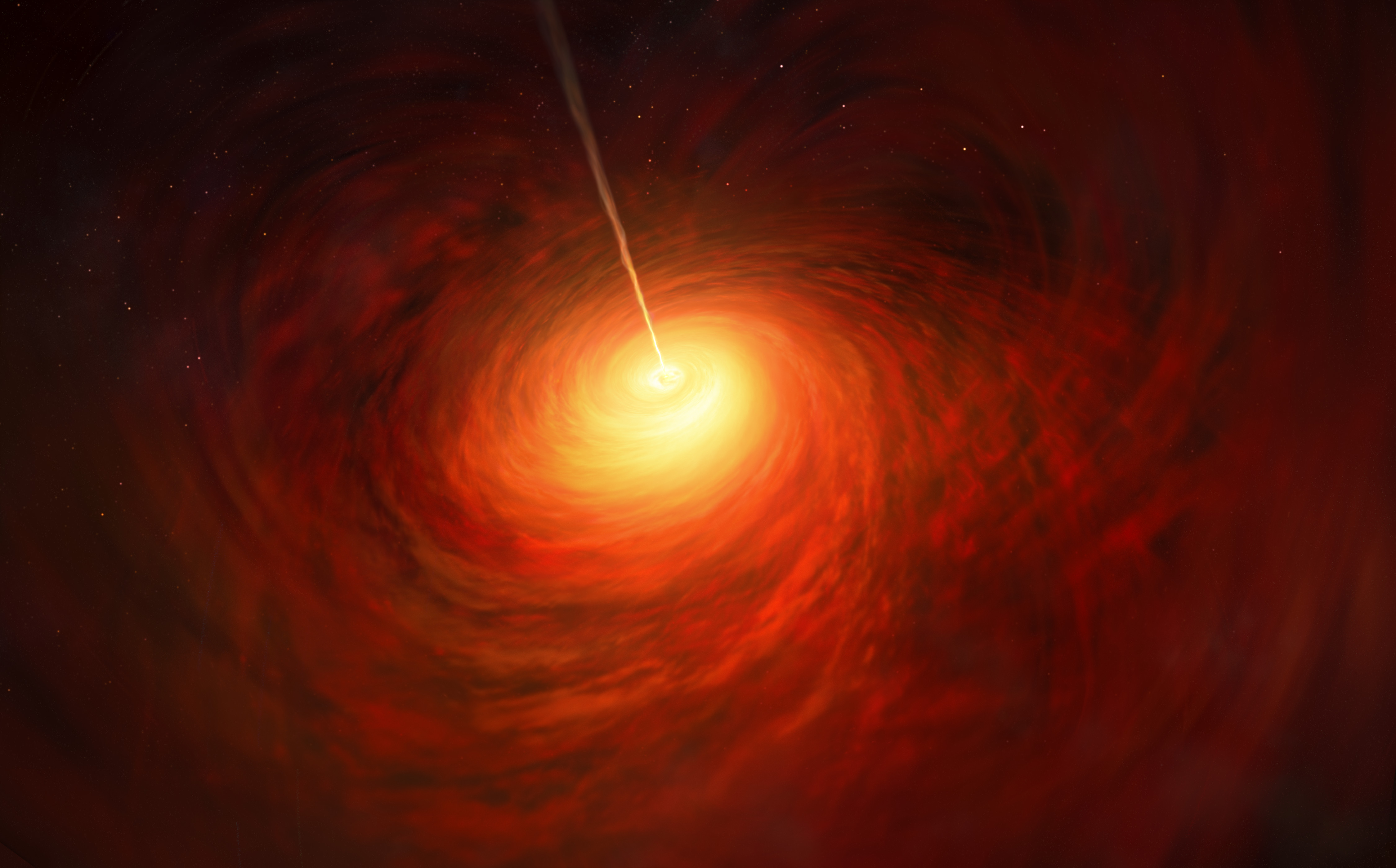 This artist's impression depicts the black hole at the heart of the enormous elliptical galaxy Messier 87 (M87). This black hole was chosen as the object of paradigm-shifting observations by the Event Horizon Telescope. The superheated material surrounding the black hole is shown, as is the relativistic jet launched by M87's black hole. Credit: ESO