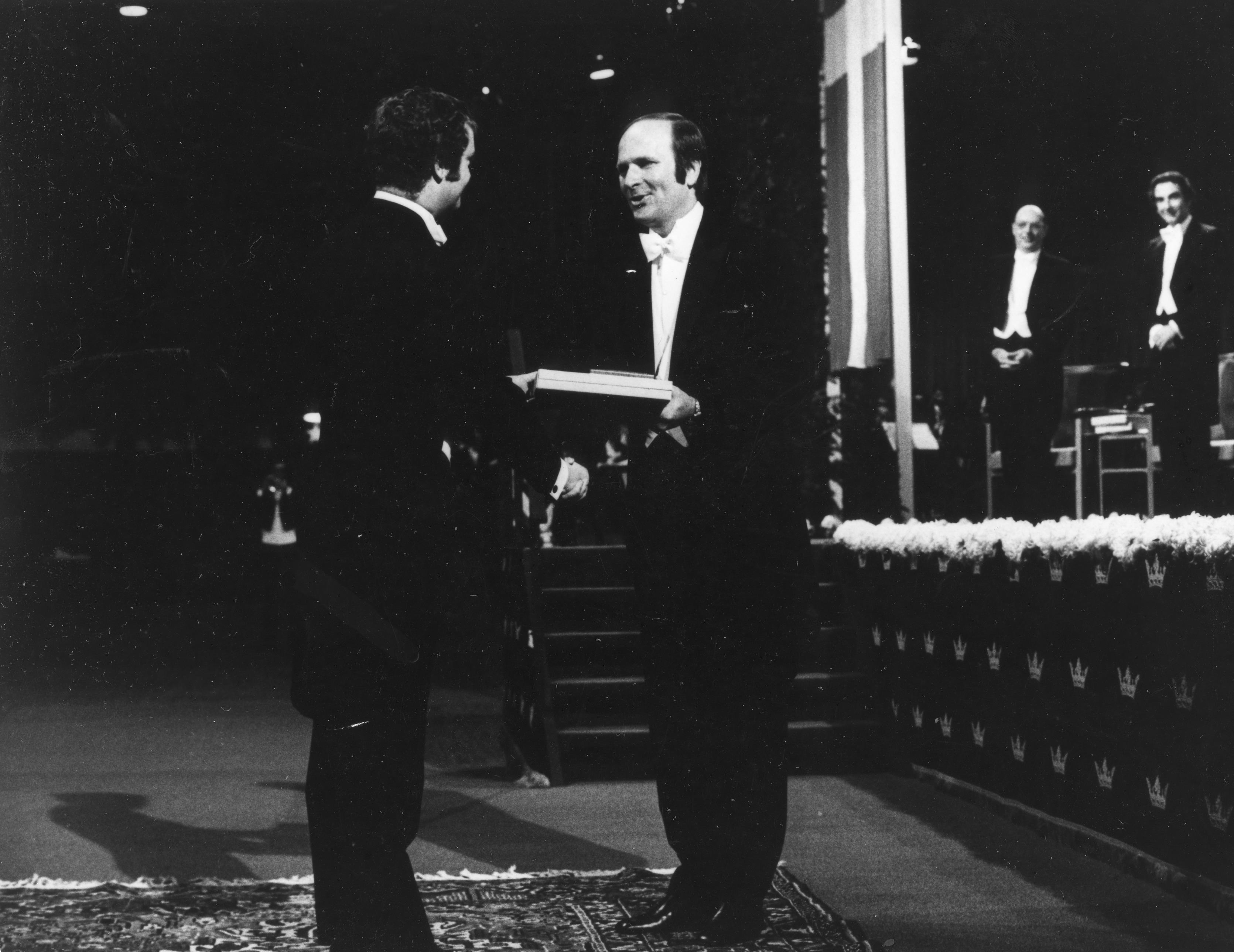  
John R. Schrieffer receiving the Nobel Prize in Physics. Illinois Physics, scanned at the AIP Emilio Segr&egrave; Visual Archives