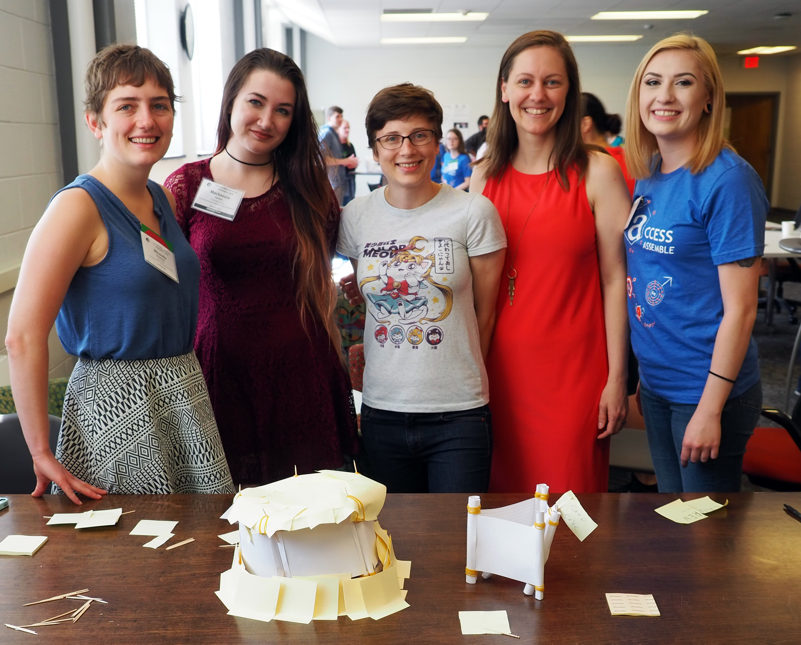 Attendees of the 2019 Access Network Assembly gather around for workshops and activities. Pictured from left to right, Miranda Thompson (University of Colorado Boulder), Mackenzie Carlson (University of Maryland, College Park), Lauren Ennesser (Ohio State University), Chandra Turpen (University of Maryland, College Park), and Katie Rainey (University of Colorado Boulder).