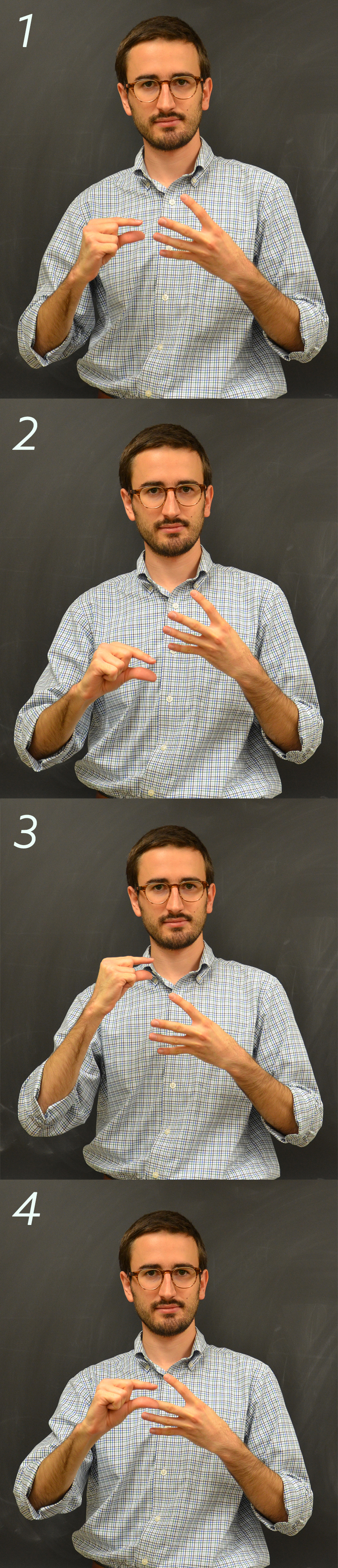 Illinois Physics graduate student Colin Lualdi demonstrates the sign for 'quantization,' which he developed as part of the recent effort by the Deaf community to develop more ASL STEM signs.