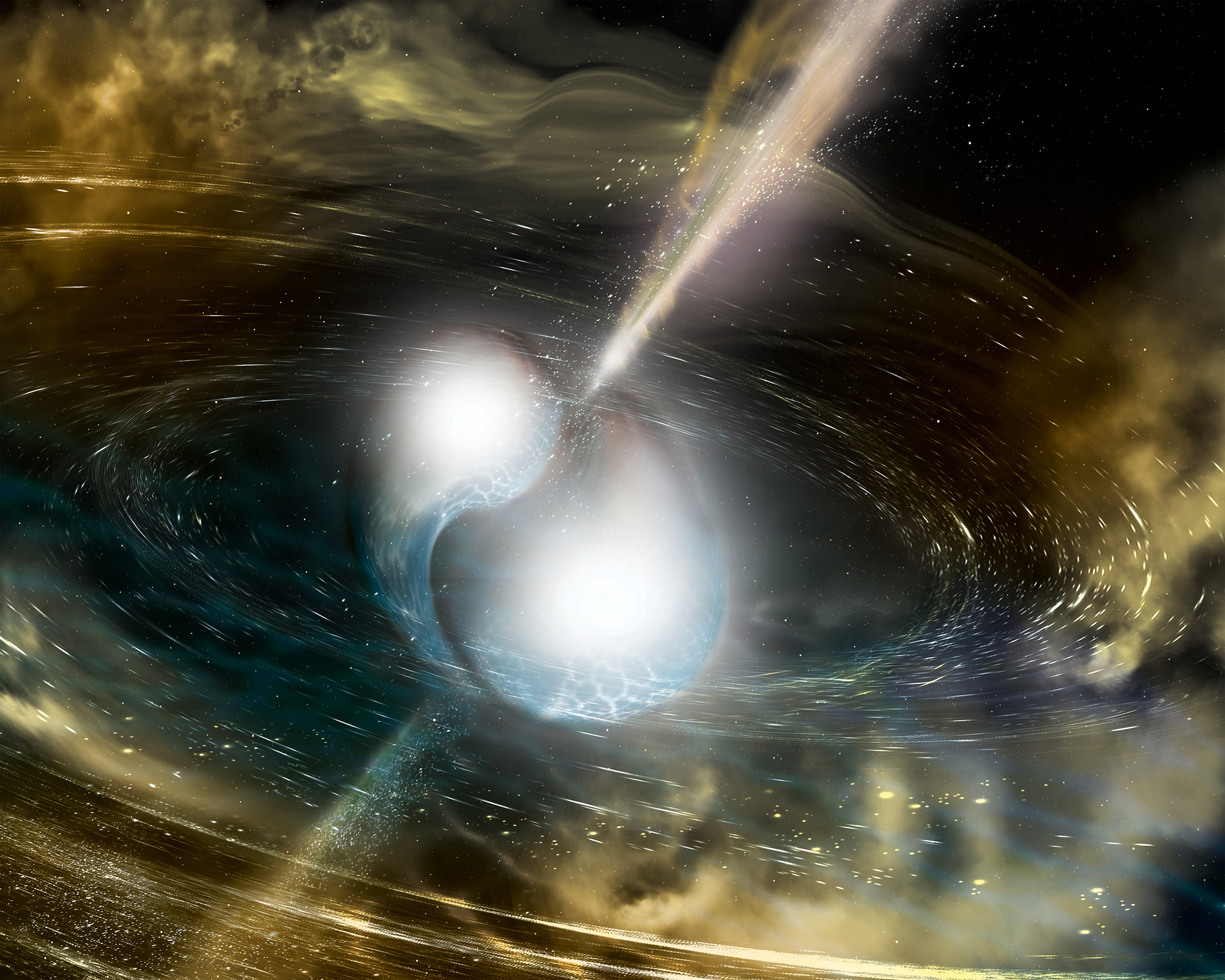 Artist's illustration of two merging neutron stars. Image courtesy of NSF, LIGO, and Sonoma State University, by Aurore Simonnet