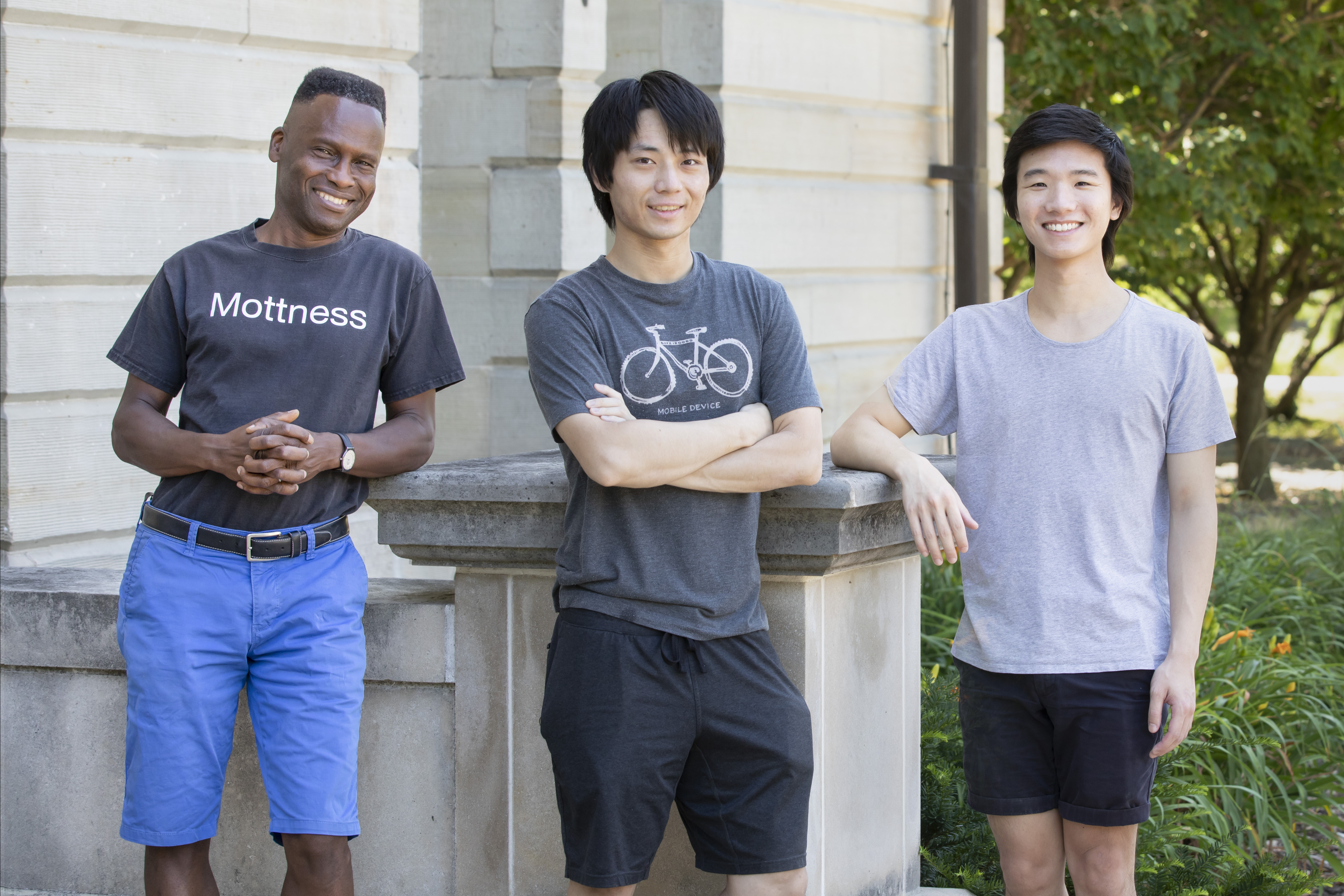 Pictured left to right, Illinois Physics Professor Philip Phillips, ICMT postdoctoral fellow Edwin Huang, and Illinois Physics graduate student Luke Yeo pose for a photo on the Bardeen Quad at the University of Illinois at Urbana-Champaign. Photo by L. Brian Stauffer, University of Illinois at Urbana-Champaign