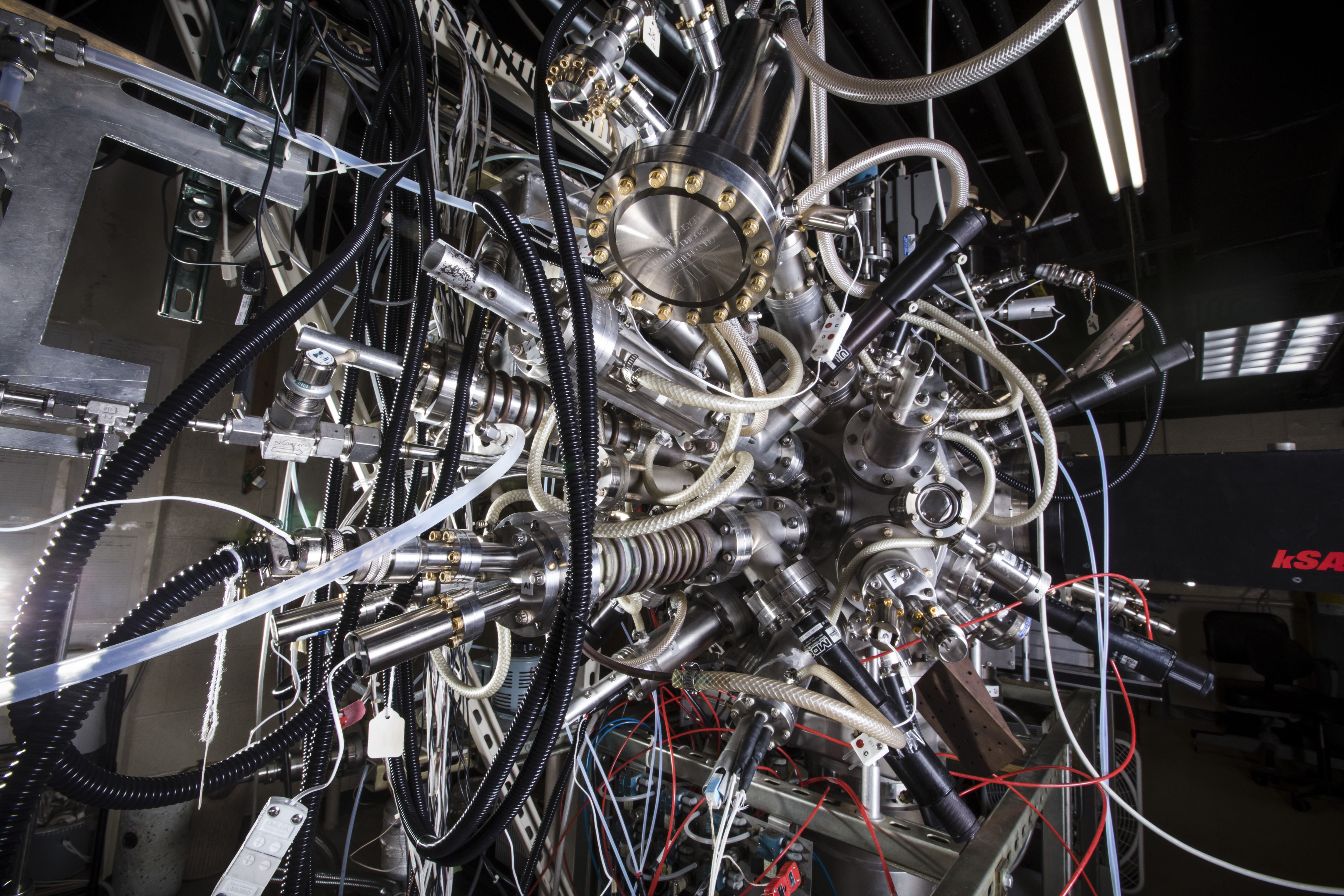 Close-up image of the atomic-layer-by-layer molecular beam epitaxy (MBE) apparatus in the Eckstein Lab in the Frederick Seitz Materials Research Laboratory on the Urbana campus. Photo by L. Brian Stauffer, University of Illinois at Urbana-Champaign