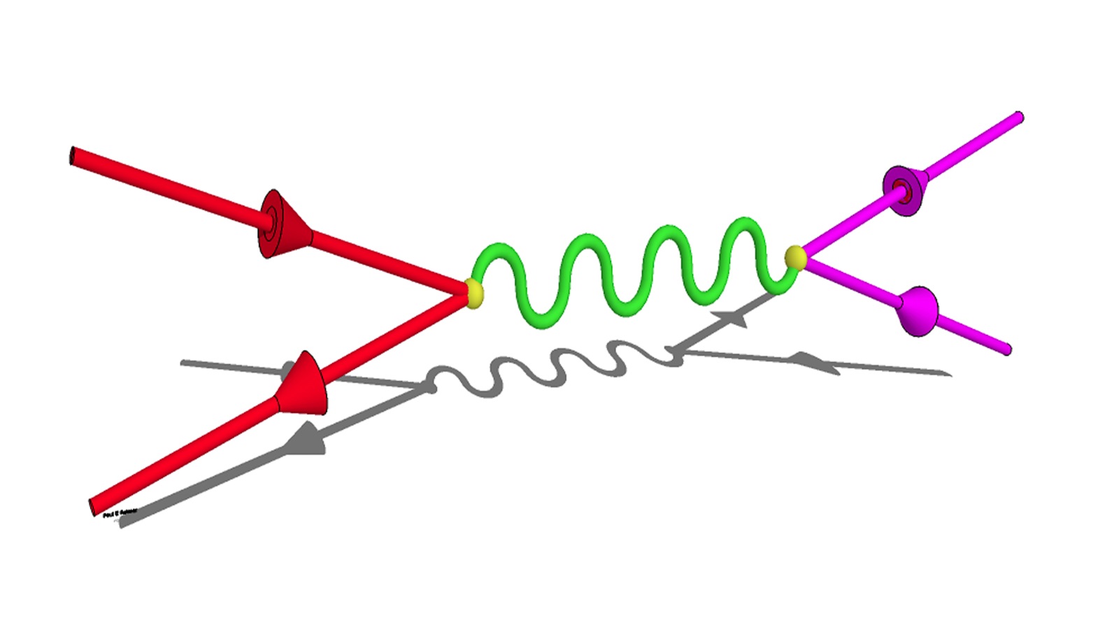 Graphic of quarks annihilating (left red lines), producing a photon (middle line), and producing two muons (right magenta lines). Scientists detected these muons to gain insight into the quark asymmetry of the proton. Image by Paul Reimer/Argonne National Laboratory