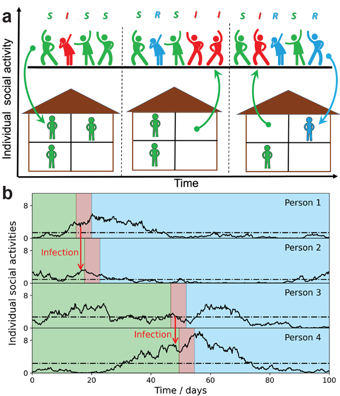Figure 1 in the published paper depicts a schematic illustration of the Stochastic Social Activity model in which each individual changes their social activity over time. People with low social activity (depicted as socially isolated figures at home) occasionally increase their level of activity (depicted as at a party). The average activity in the population remains the same over time, but individuals constantly change their activity levels from low to high (arrows pointing up) and back (arrows pointing down). Individuals are colored according to their state: susceptible = green, infected = red, and recovered/removed = blue. The epidemic is fueled by constant replenishment of the susceptible population when individuals move from the low-activity state to high-activity settings. Virus transmission occurs predominantly between individuals having high current activity levels. &nbsp;Credit: A. V. Tkachenko, &lt;em&gt;et al.,&lt;/em&gt; &lt;em&gt;eLife&lt;/em&gt;, December 14, 2021