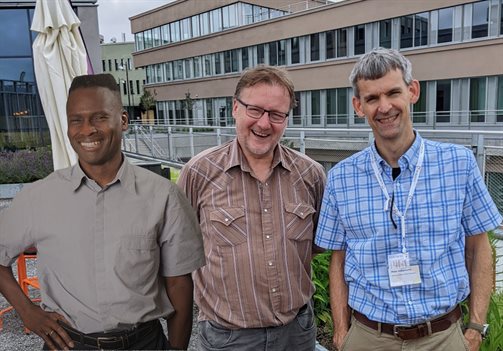 Pictured left to right, Illinois Physics Professor Philip Phillips, University of Bristol Professor Nigel Hussey, and Illinois Physics Professor Peter Abbamonte.