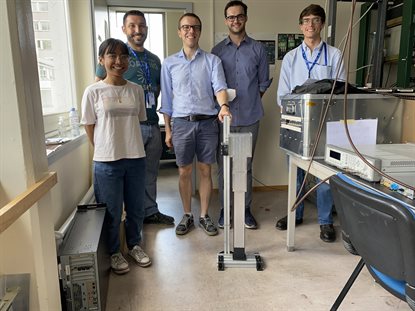 Members of the UIUC ATLAS ZDC/RPD Group pose with the Run 3 reaction plane detector in the ATLAS Forward Physics Laboratory at CERN. Pictured left to right are Farah Mohammed Rafee, Chad Lantz, Riccardo Longo, Matthew Hoppesch, and Mason Housenga.