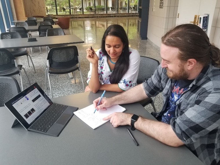 Illinois Physics Professor Smitha Vishveshwara and graduate student Brendan Rhyno sketch shell condensates in Loomis Lab. Credit: Stephen Taylor, University of Illinois Urbana-Champaign School of Music