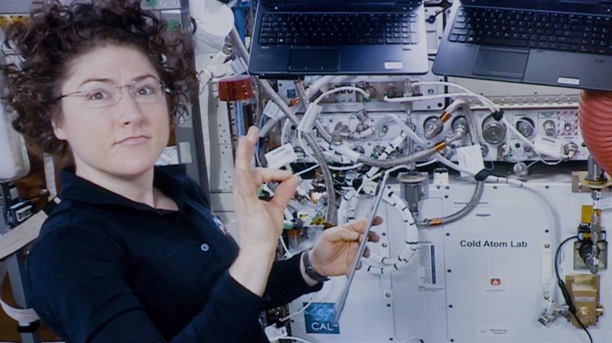 NASA Jet Propulsion Laboratory astronaut Christina Koch assists with a hardware upgrade for NASA's Cold Atom Lab aboard the International Space Station in January 2020. Image courtesy of NASA-International Space Station