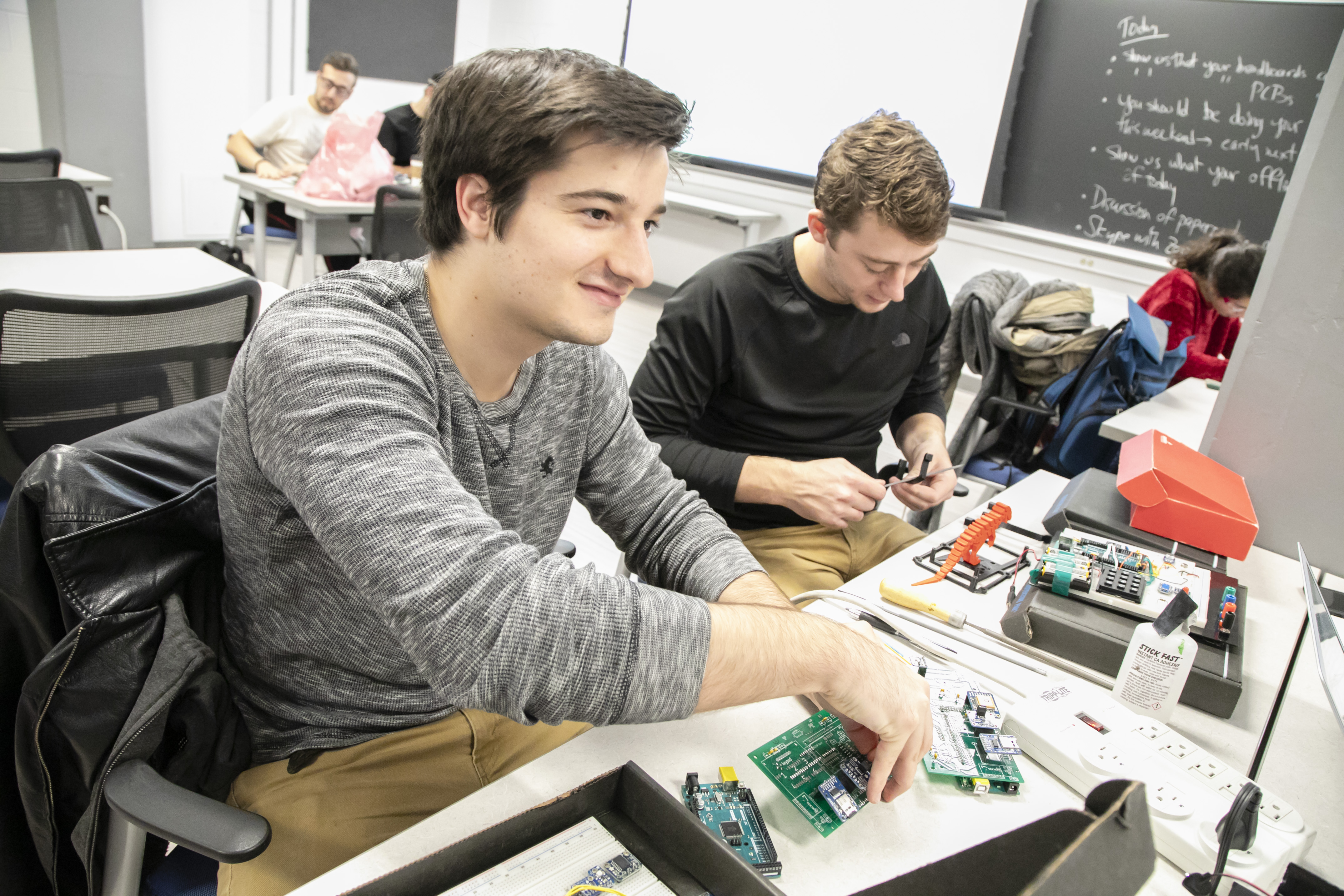 Illinois Physics undergraduate students assemble a drone-borne cluster of sensors that will overfly Illinois corn fields. The students' collaborative semester-long projects addressing real-world problems were part of a pilot program that laid the foundation for a newly launched Master's in Applied Physics and Instrumentation degree program in The Grainger College of Engineering. Photo by L. Brian Stauffer, University of Illinois Urbana-Champaign