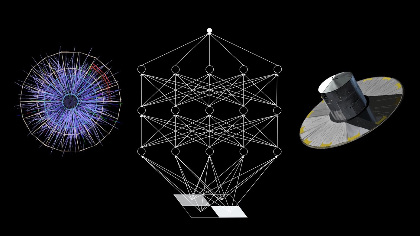 Artist&amp;amp;amp;amp;rsquo;s rendering of artificial intelligence deep learning neural network (center image; based on illustration in Dan Roberts&amp;amp;amp;amp;nbsp;&amp;amp;amp;lt;em&amp;amp;amp;gt;et al.&amp;amp;amp;lt;/em&amp;amp;amp;gt;&amp;amp;amp;amp;rsquo;s &amp;amp;amp;lt;em&amp;amp;amp;gt;The Principles of Deep Learning Theory: An Effective Theory Approach to Understanding Neural Networks), &amp;amp;amp;lt;/em&amp;amp;amp;gt;high-energy particle collision mapping (left), and the Gaia space observatory (right). Image by Yasmine Steele for Illinois Physics