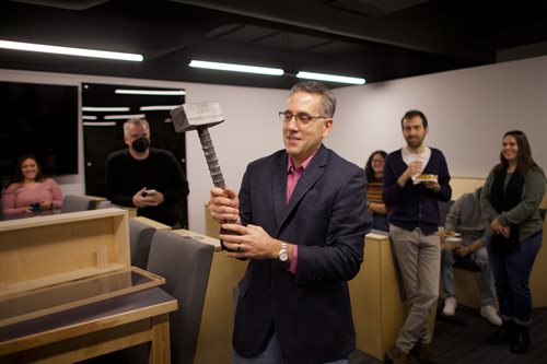 Illinois Physics Professor and founding ICASU Director Nicol&amp;amp;amp;amp;amp;amp;amp;amp;amp;aacute;s Yunes wields the ICASU hammer, which will be passed down from director to director.&amp;amp;amp;amp;amp;amp;amp;amp;lt;br&amp;amp;amp;amp;amp;amp;amp;amp;gt;&amp;amp;amp;amp;amp;amp;amp;amp;lt;br&amp;amp;amp;amp;amp;amp;amp;amp;gt;