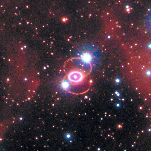 Observations of a cosmic shock wave created by SN_1987A, a supernova in that occurred in the Large Magellanic Cloud, a satellite galaxy of the Milky Way. Credit: NASA, ESA, K. France (University of Colorado, Boulder), and P. Challis and R. Kirshner (Harvard-Smithsonian Center for Astrophysics).