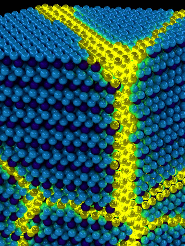 Artist's conception of charge density wave domain walls in TiSe2 and the emergence of superconductivity through their quantum fluctuations.