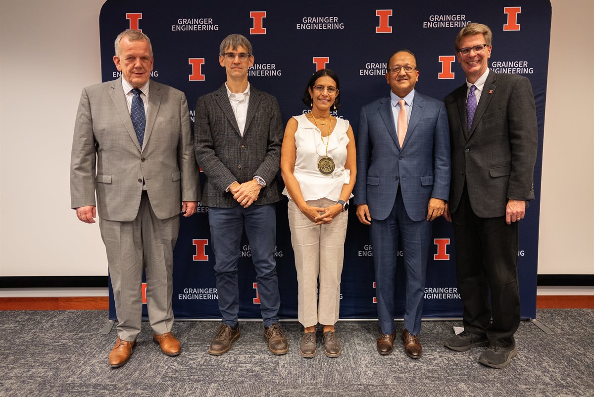 Posing for a photo following the&nbsp;Willett Professorship&nbsp;investiture ceremony are (left to right) Illinois Physics Head and Professor Matthias Grosse Perdekamp, Illinois Physics Professors Peter Abbamonte and Vidya Madhavan, Grainger Engineering Dean and Professor Rashid Bashir, and Illinois Executive Vice Provost for Academic Affairs William&nbsp;Bernhard.&nbsp;